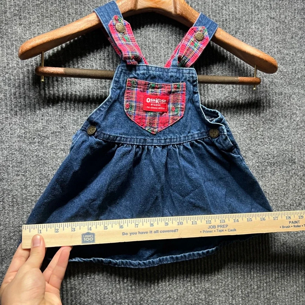 Vintage OshKosh Bgosh Jumper Dress Kids 2T Blue Denim Plaid Floral‎ Embroidered
